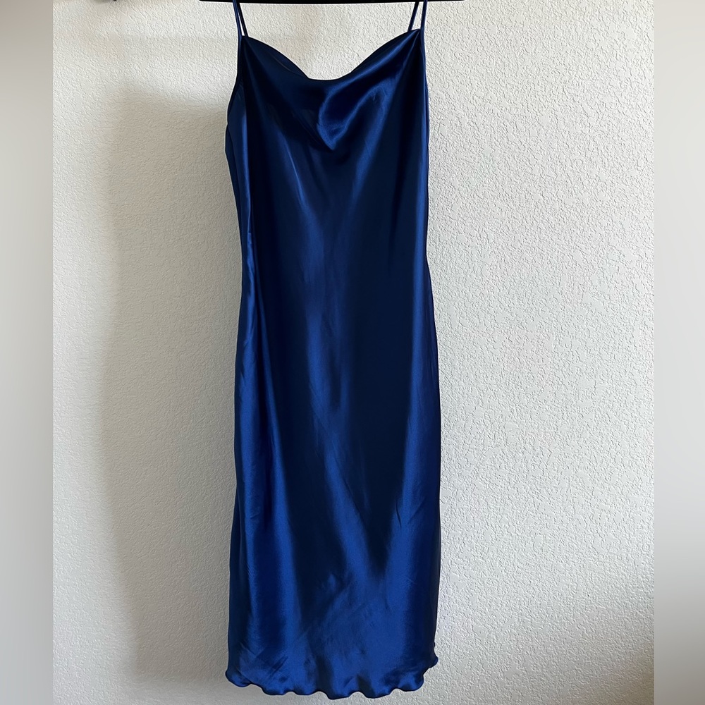 BEBE M navy silk satin slip dress
